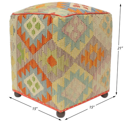 Rustic Macey Handmade Kilim Upholstered Ottoman by Bareens Designer Rugs