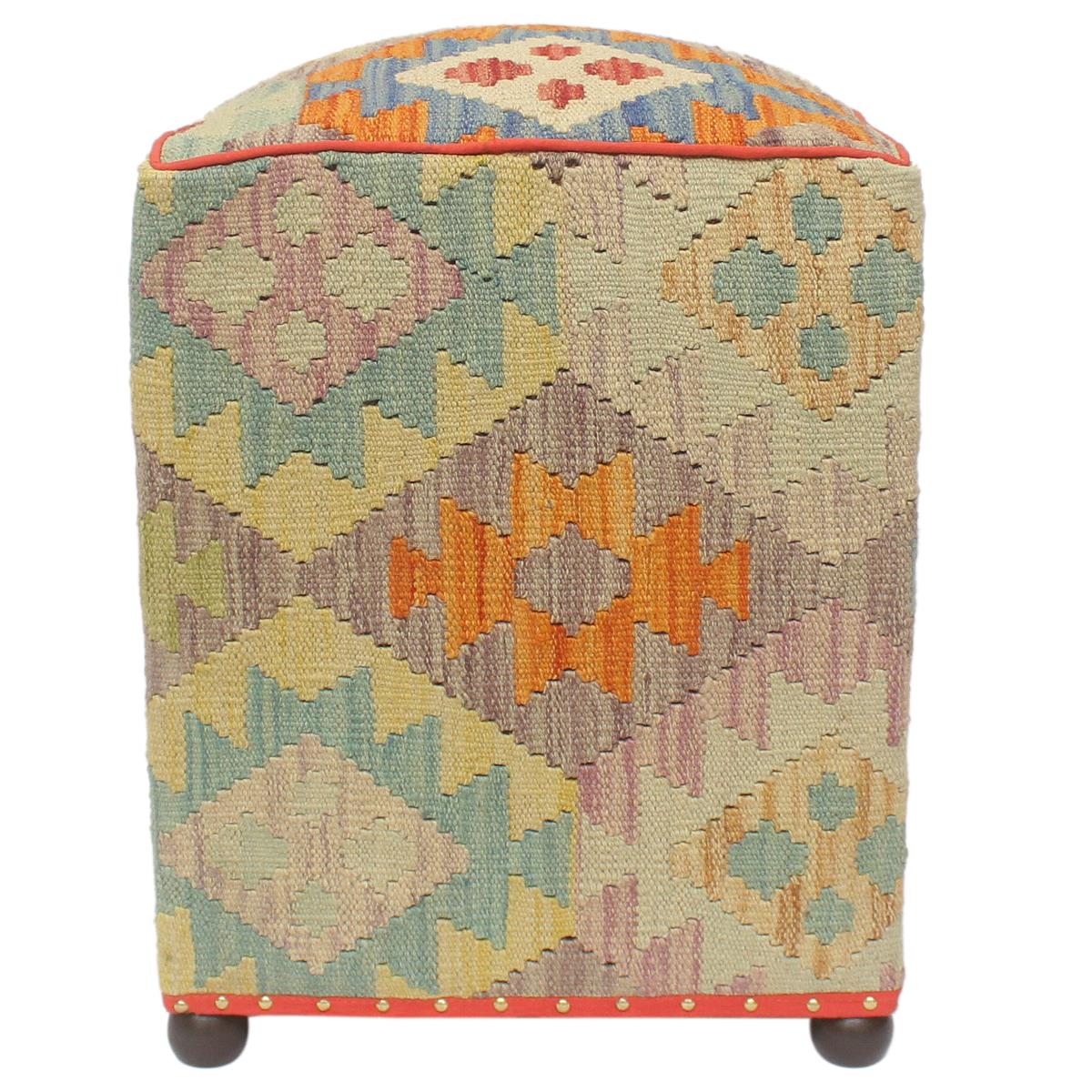 Rustic Macey Handmade Kilim Upholstered Ottoman by Bareens Designer Rugs