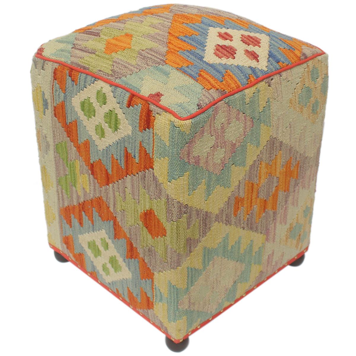 Rustic Macey Handmade Kilim Upholstered Ottoman by Bareens Designer Rugs