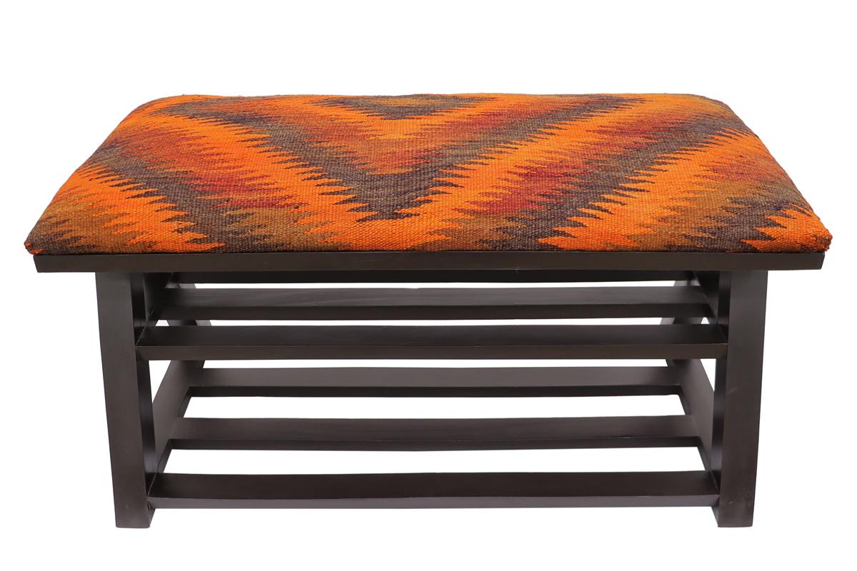 Rustic Edgar Kilim upholstered Handmade wood Storage Bench by Bareens Designer Rugs