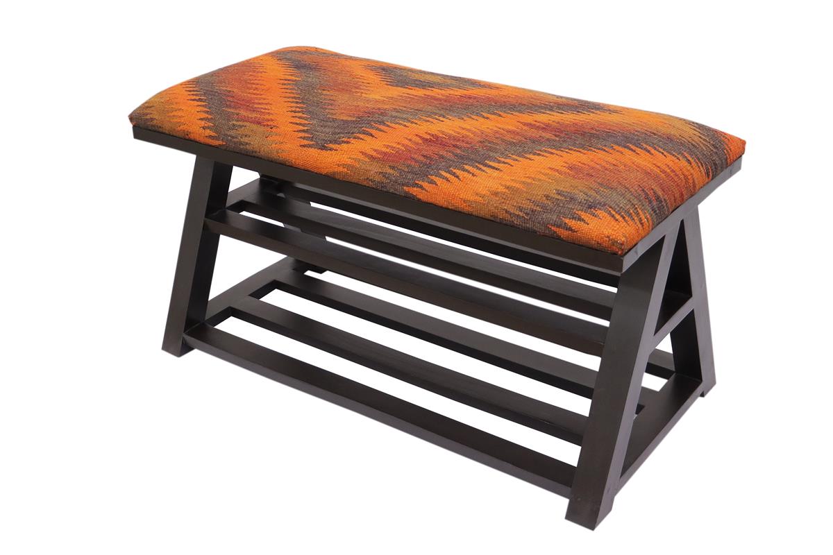 Rustic Edgar Kilim upholstered Handmade wood Storage Bench by Bareens Designer Rugs