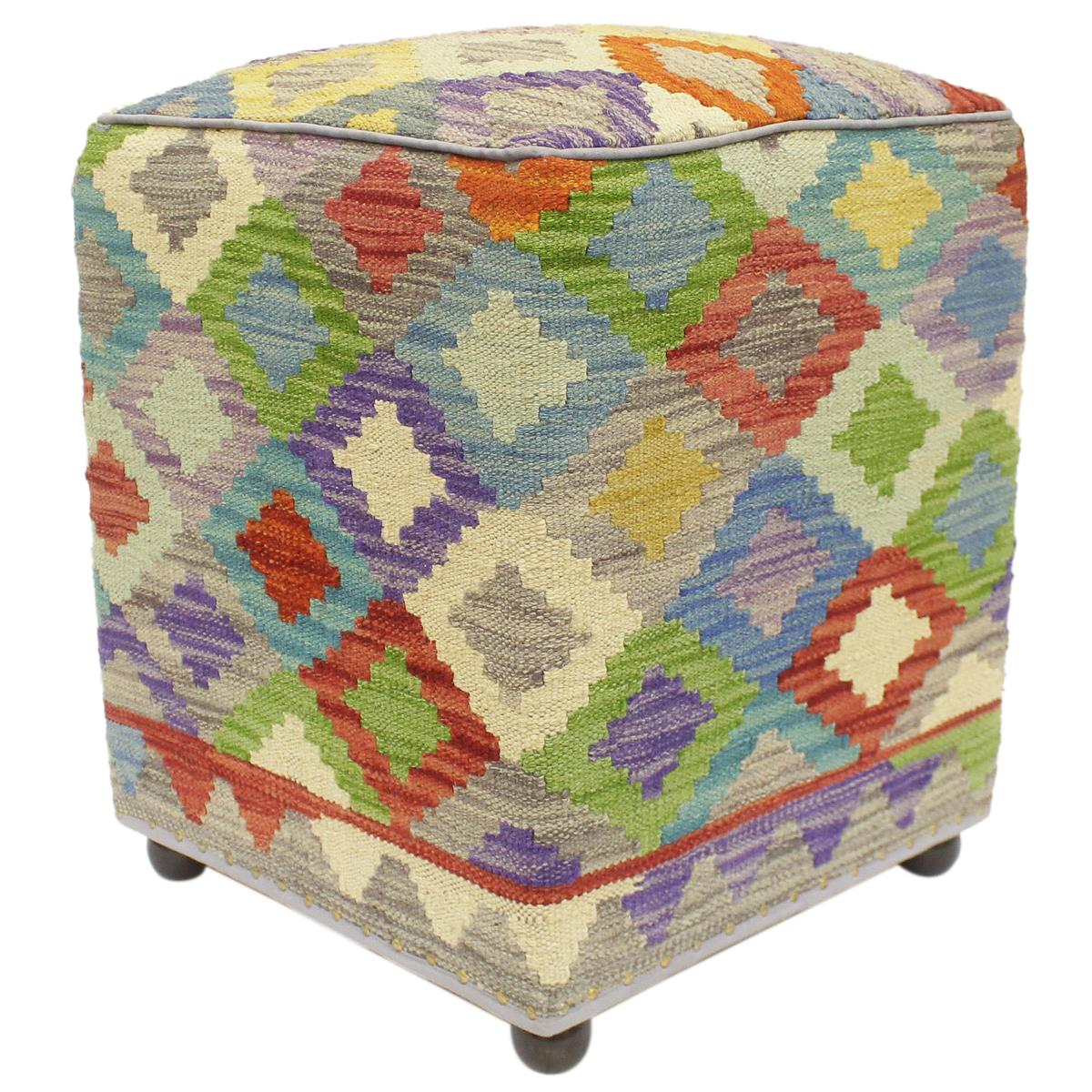 Retro Mills Handmade Kilim Upholstered Ottoman by Bareens Designer Rugs