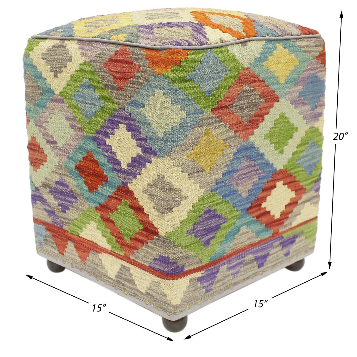 Retro Mills Handmade Kilim Upholstered Ottoman by Bareens Designer Rugs