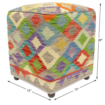 Retro Mills Handmade Kilim Upholstered Ottoman by Bareens Designer Rugs