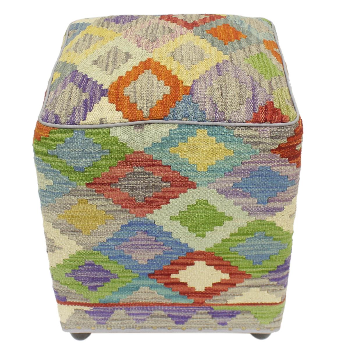 Retro Mills Handmade Kilim Upholstered Ottoman by Bareens Designer Rugs