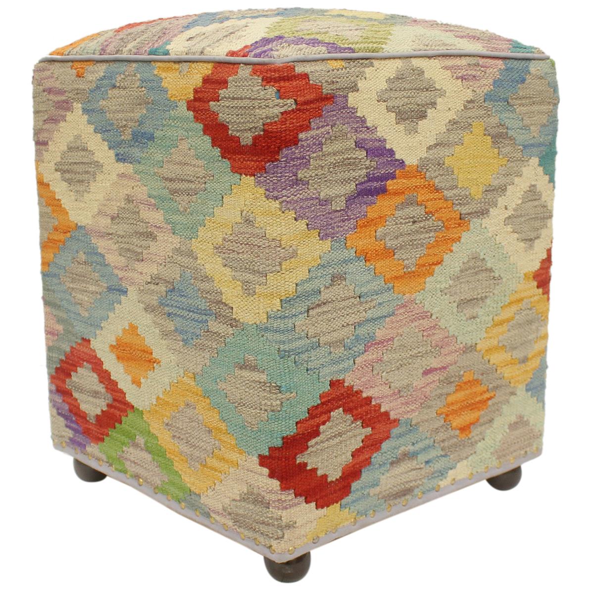 Shabby Chic Frazier Handmade Kilim Upholstered Ottoman by Bareens Designer Rugs