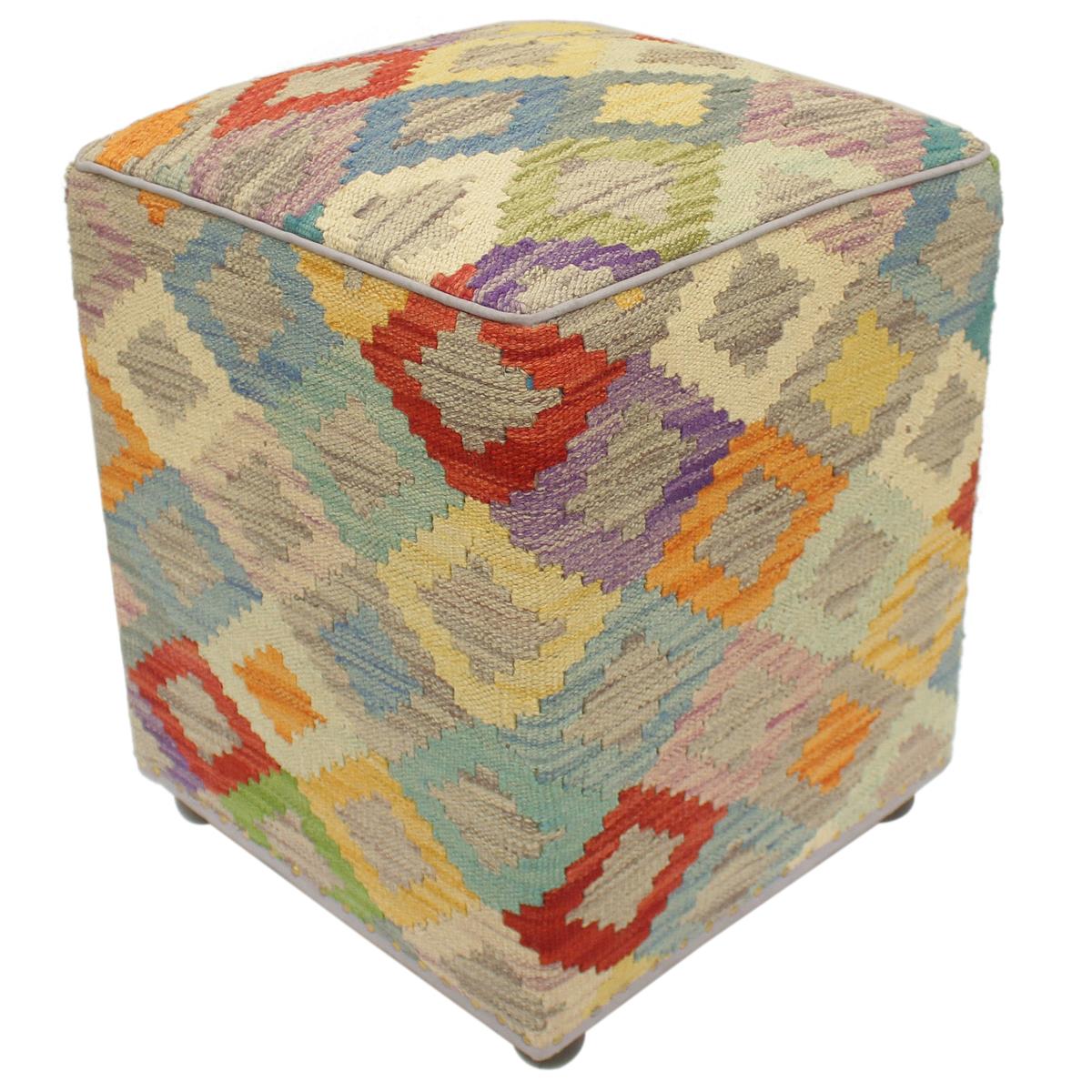 Shabby Chic Frazier Handmade Kilim Upholstered Ottoman by Bareens Designer Rugs