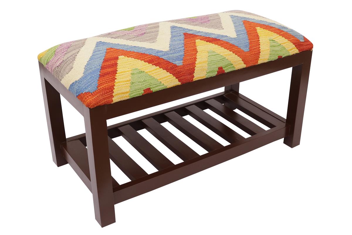 Shabby Chic Carvalho Kilim upholstered Handmade wood Storage Bench by Bareens Designer Rugs