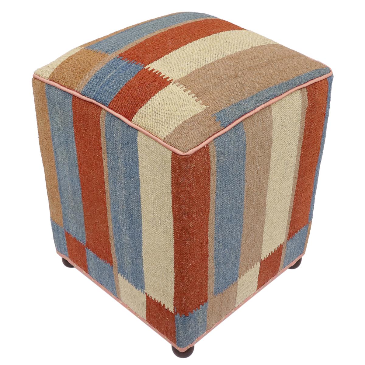 Modern Odilia Handmade Kilim Upholstered Ottoman by Bareens Designer Rugs