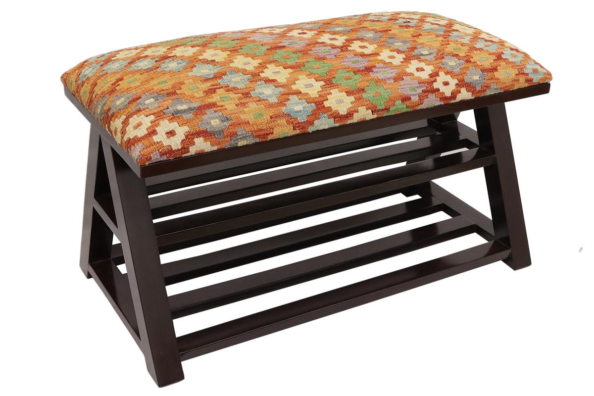 Shabby Chic Jackie Kilim upholstered Handmade wood Storage Bench by Bareens Designer Rugs