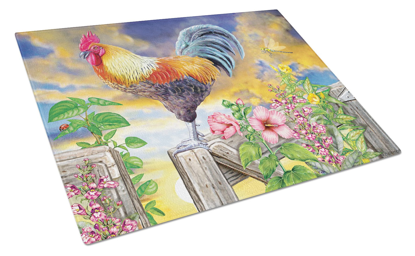 Rooster Barnyard Morning Glass Cutting Board Large PRS4063LCB by Caroline's Treasures