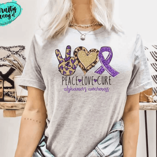 Peace Love Alzheimer's Awareness T-shirts by Crafty Casey's