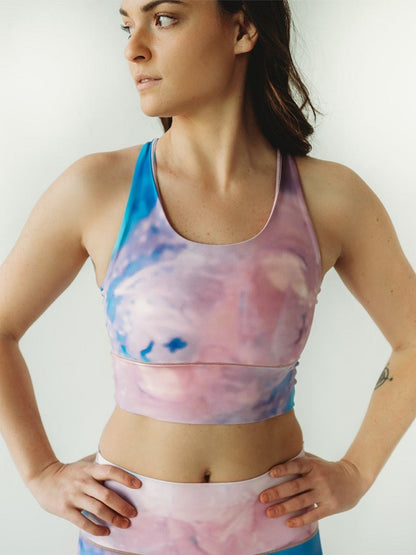 Pink Tie Dye Longline Sports Bra by Colorado Threads Clothing