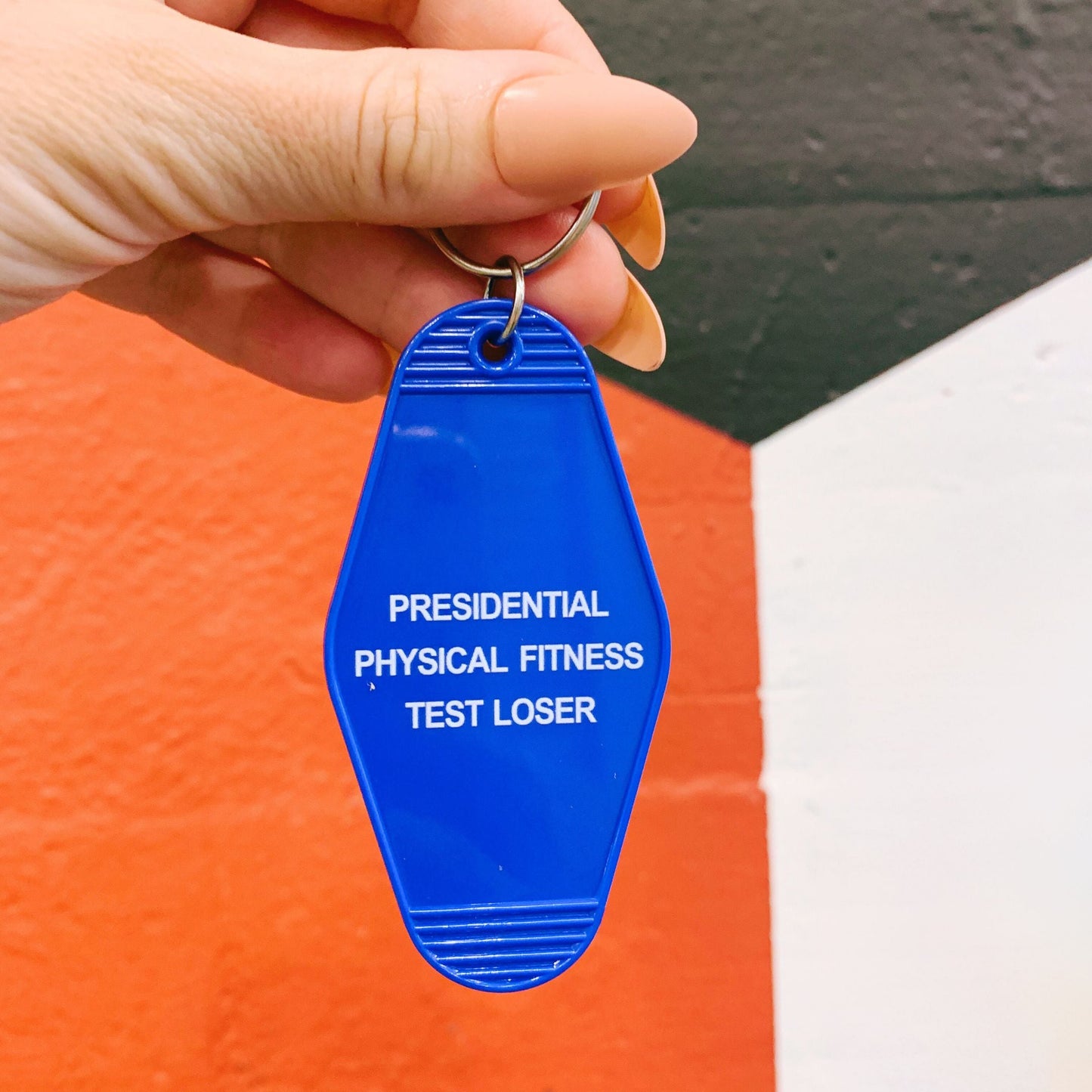 Presidential Physical Fitness Test Loser Motel Style Keychain in Blue by The Bullish Store