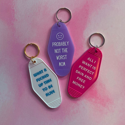 Probably Not the Worst Mom Motel Style Keychain in Purple by The Bullish Store