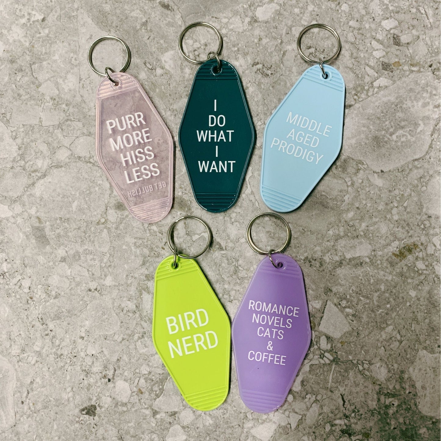 Purr More Hiss Less Motel Style Keychain in Pink Translucent by The Bullish Store