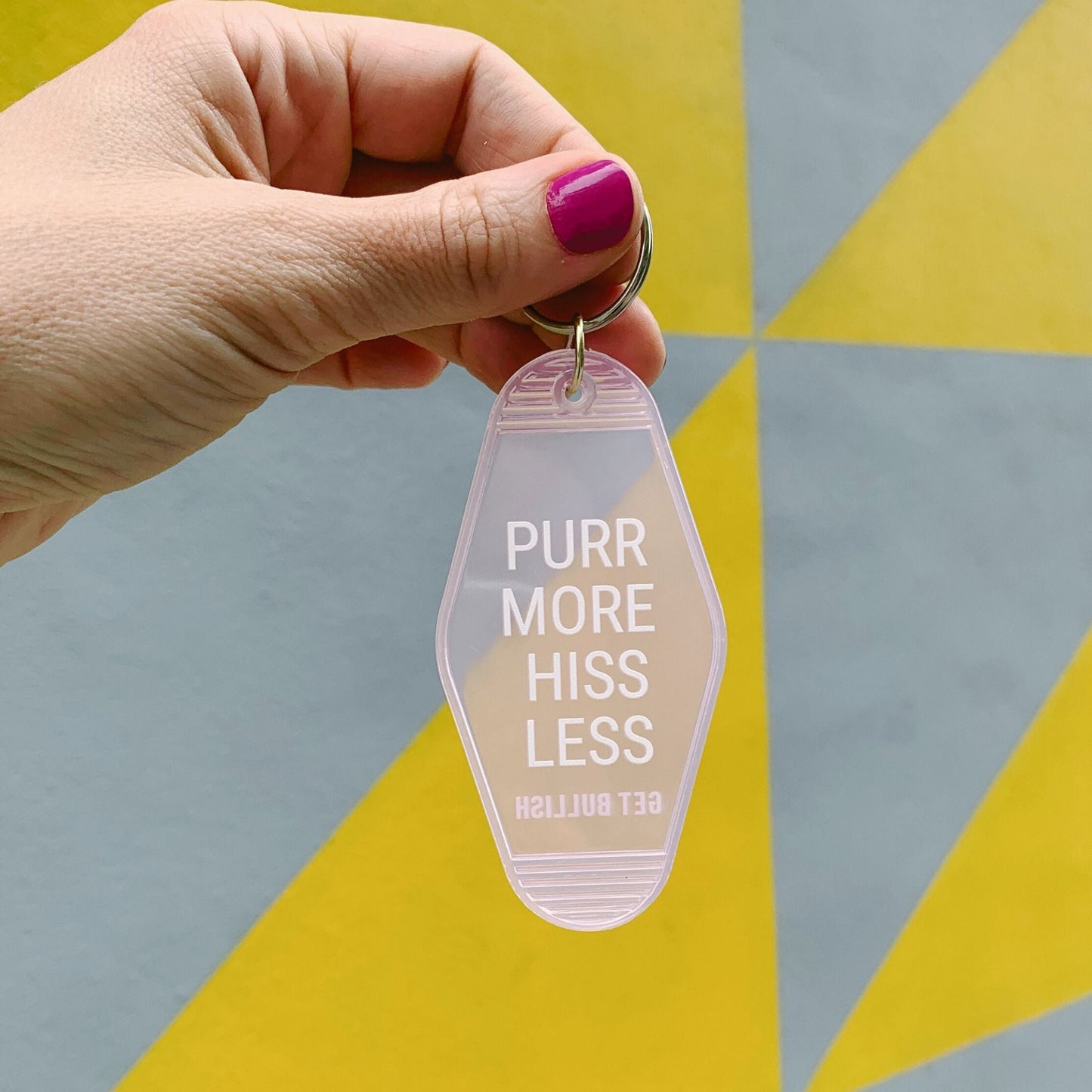 Purr More Hiss Less Motel Style Keychain in Pink Translucent by The Bullish Store