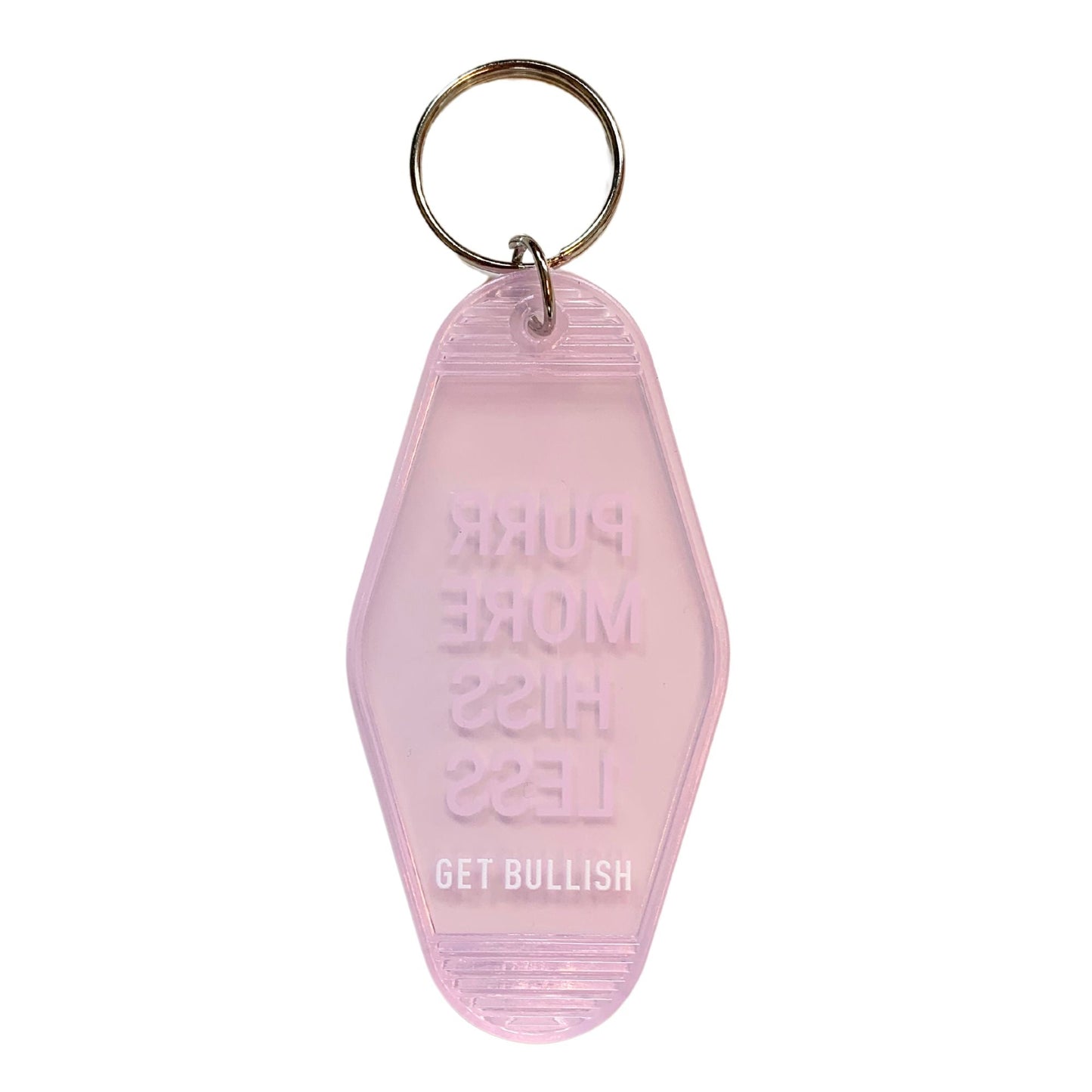 Purr More Hiss Less Motel Style Keychain in Pink Translucent by The Bullish Store