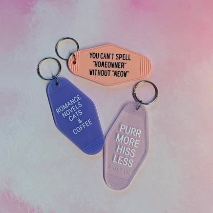 Purr More Hiss Less Motel Style Keychain in Pink Translucent by The Bullish Store