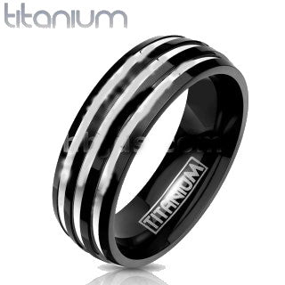 Three Stripes on a Black Band Ring Solid Titanium by Fashion Hut Jewelry