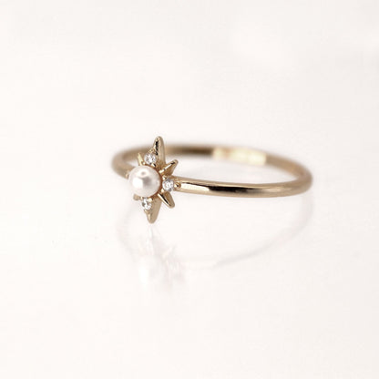 14k Northern Star Akoya Pearl with Diamond Gold Ring by VicStoneNYC Fine Jewelry