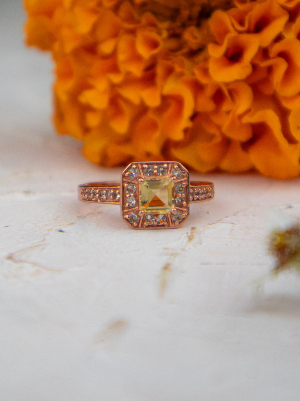 Rose Gold, Citrine and Zircon Pave Cushion Cut Ring by Ash & Rose