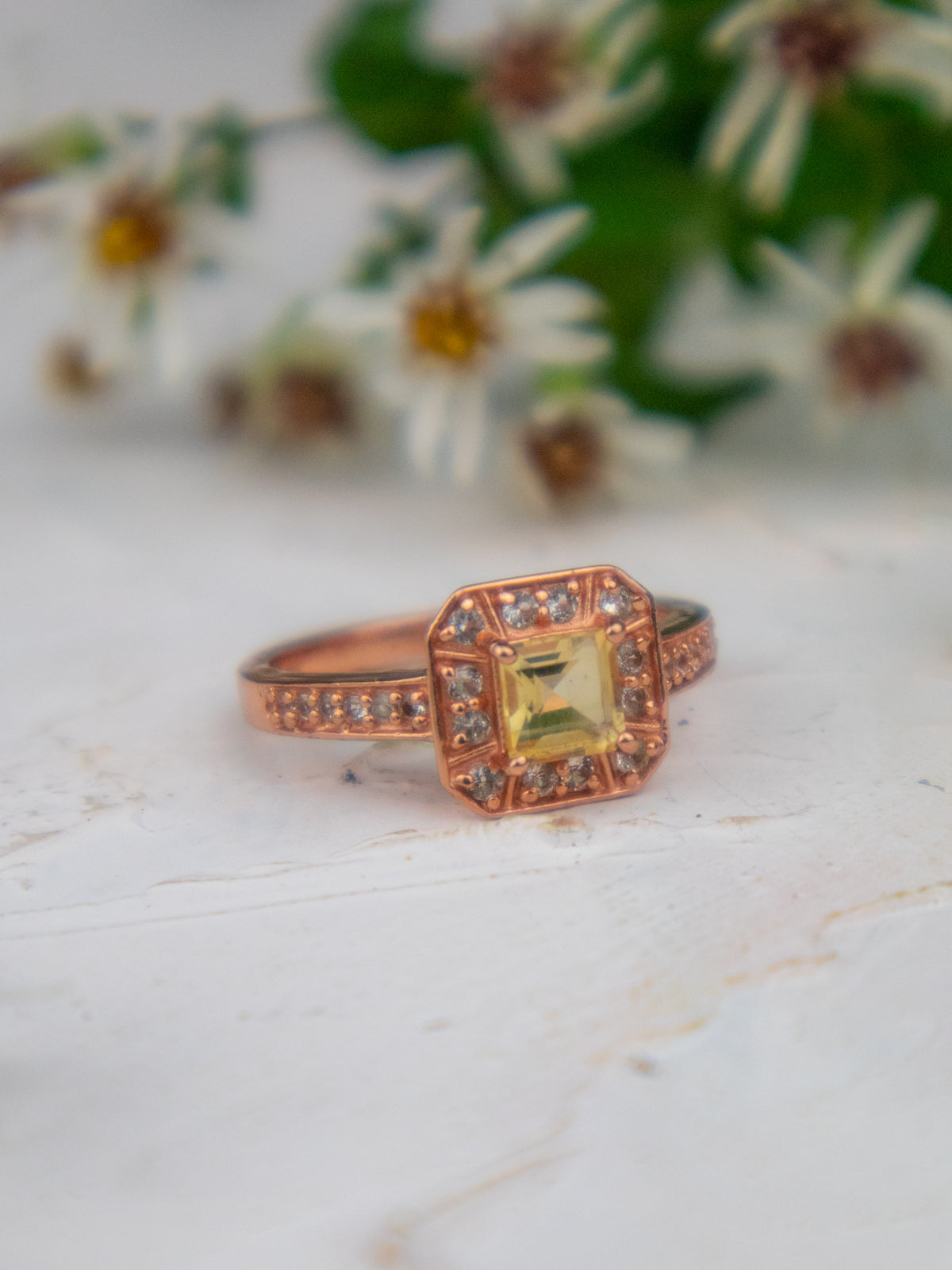 Rose Gold, Citrine and Zircon Pave Cushion Cut Ring by Ash & Rose