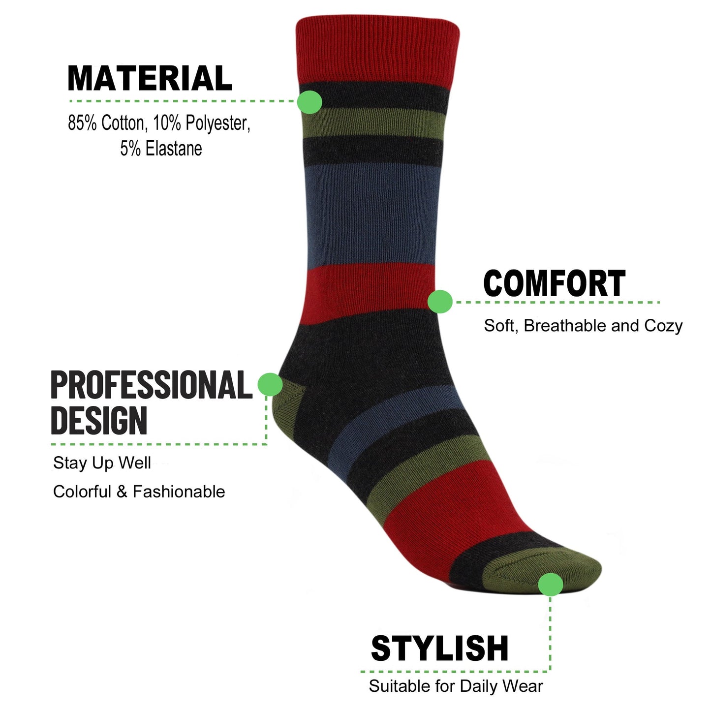 1 Pair - Cotton Crew Socks with Stripe Patterned Casual Socks by Mars Outlet Store LLC