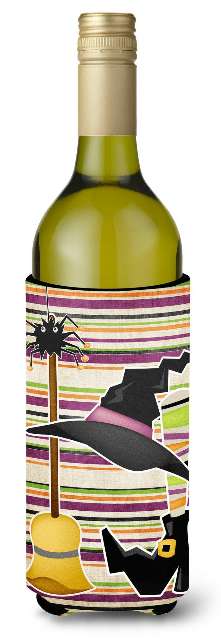 Witch Costume and Broom on Stripes Halloween Wine Bottle Beverage Insulator Beverage Insulator Hugger by Caroline's Treasures