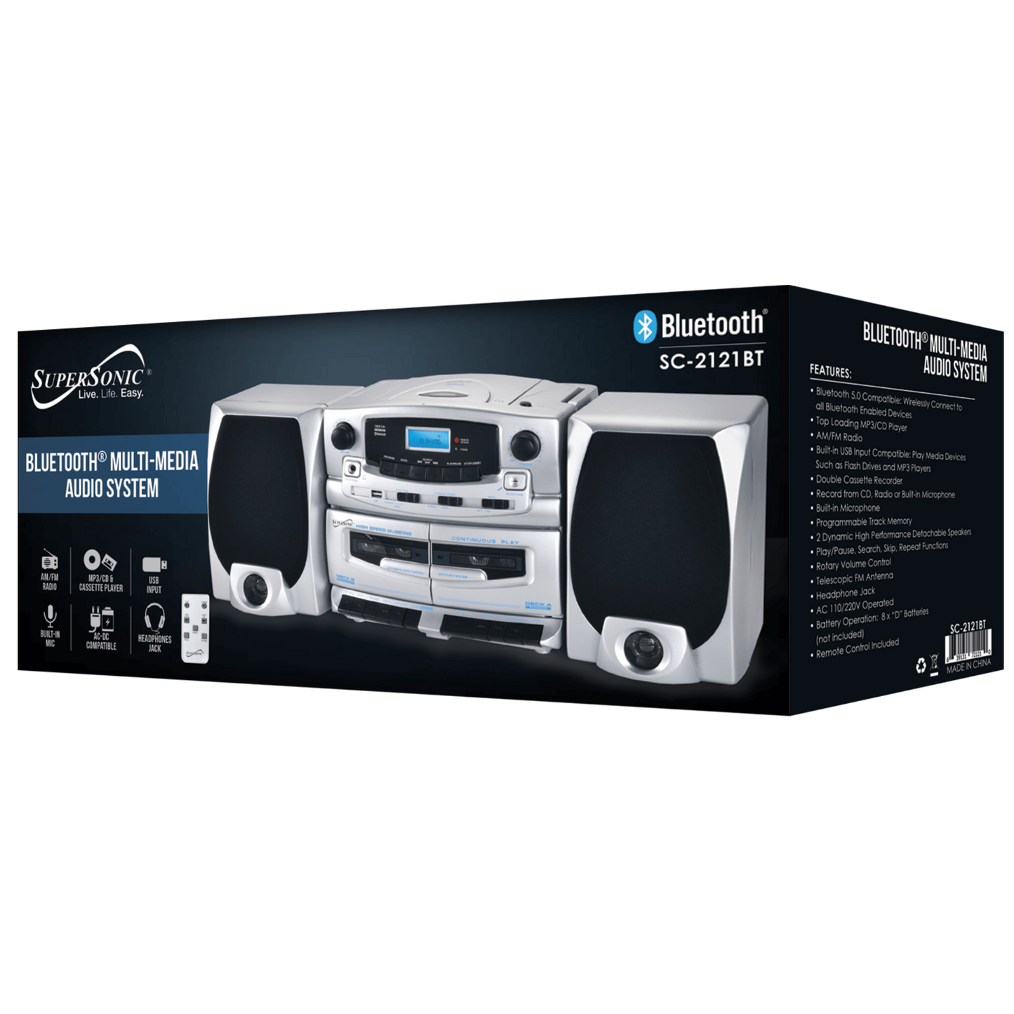 Bluetooth Audio System with Double Cassette Recorder & Built-In Mic (SC-2121BT) by Jupiter Gear Home