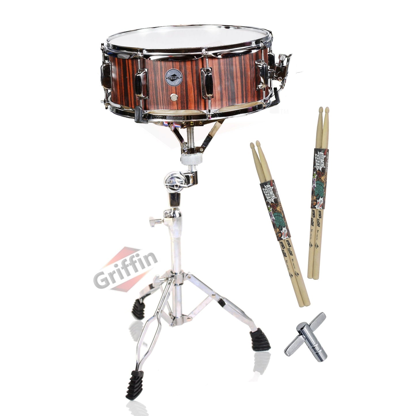 Snare Drum Set by GRIFFIN - Includes Snare Stand, 2 Pairs of Maple Drum Sticks & Drum Key | Wood Shell Drum Set, Chrome Holder Acoustic Marching Percussion Musical Instrument Practice Package by GeekStands.com