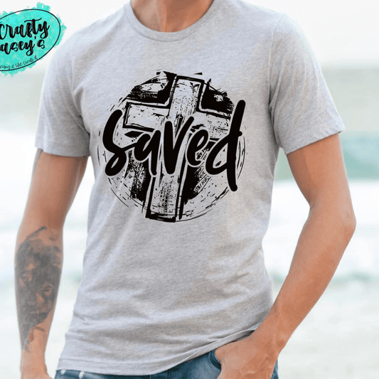 Saved Distressed Cross Easter Spiritual Tee by Crafty Casey's