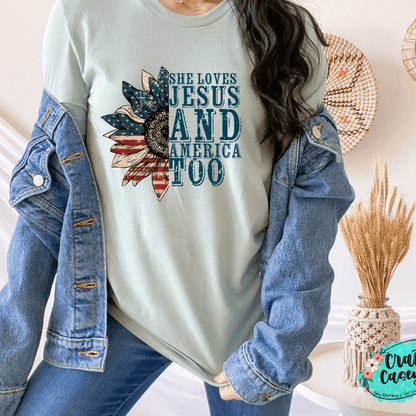 She Loves Jesus & America Too-Patriotic Sunflower Tee by Crafty Casey's