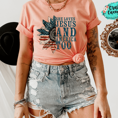 She Loves Jesus & America Too-Patriotic Sunflower Tee by Crafty Casey's