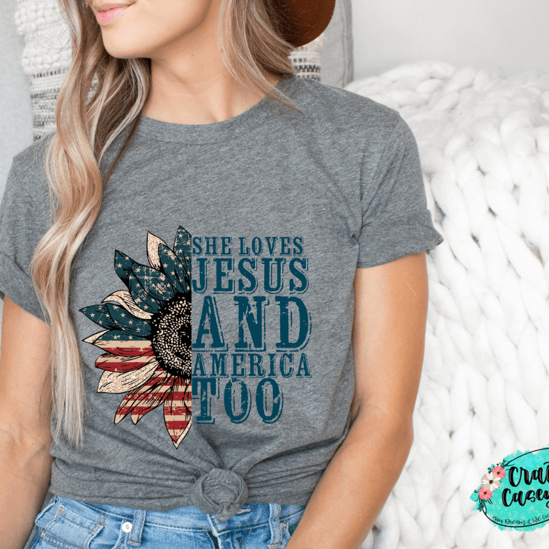 She Loves Jesus & America Too-Patriotic Sunflower Tee by Crafty Casey's