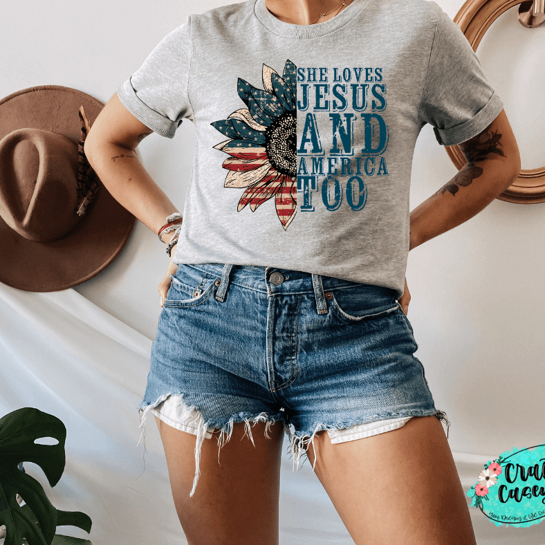 She Loves Jesus & America Too-Patriotic Sunflower Tee by Crafty Casey's