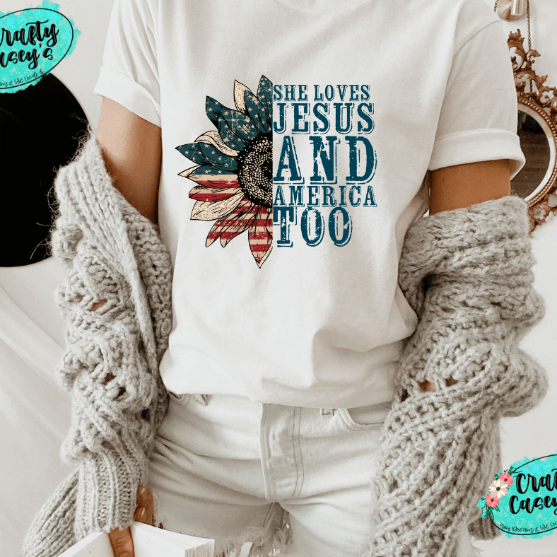 She Loves Jesus & America Too-Patriotic Sunflower Tee by Crafty Casey's