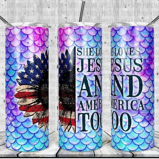 She Loves Jesus & America Too Sunflower Flag Tumbler by Crafty Casey's