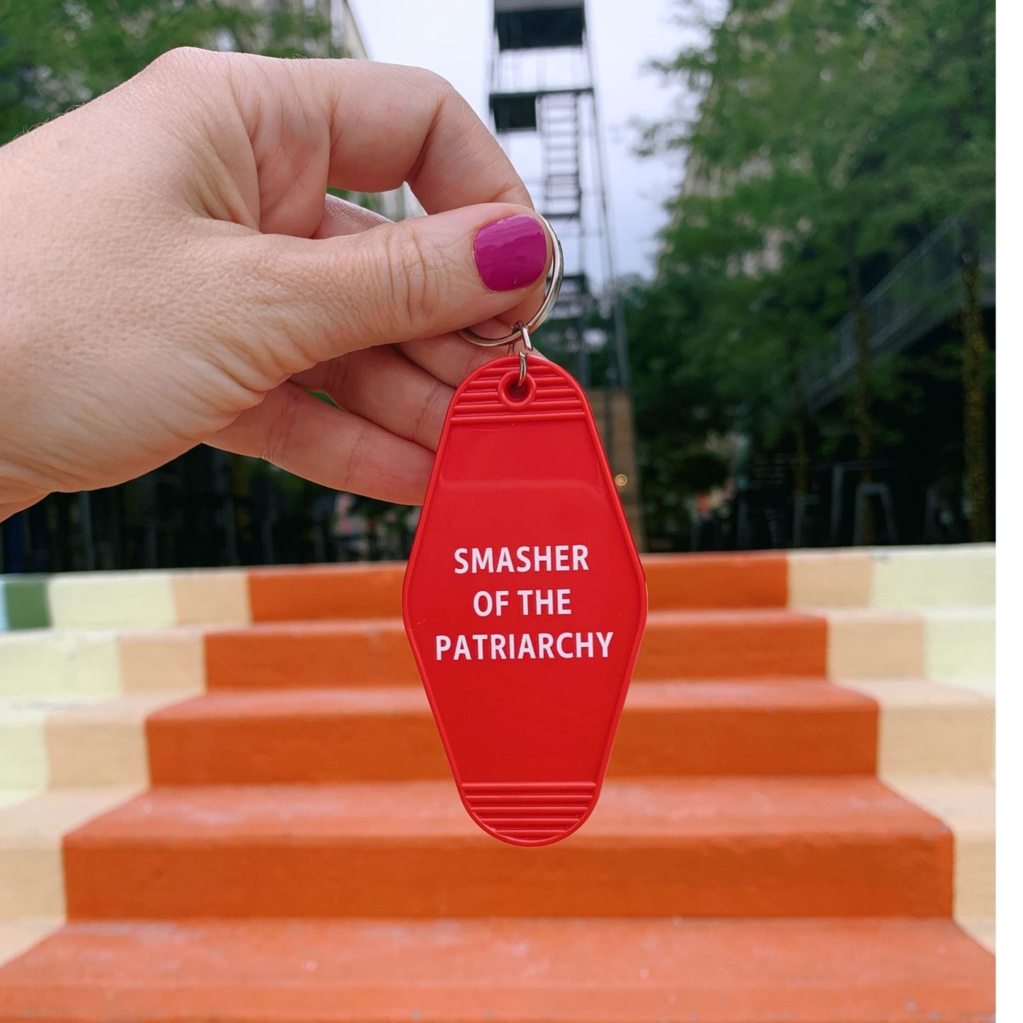 Smasher of the Patriarchy Feminist Motel Keychain in Red by The Bullish Store