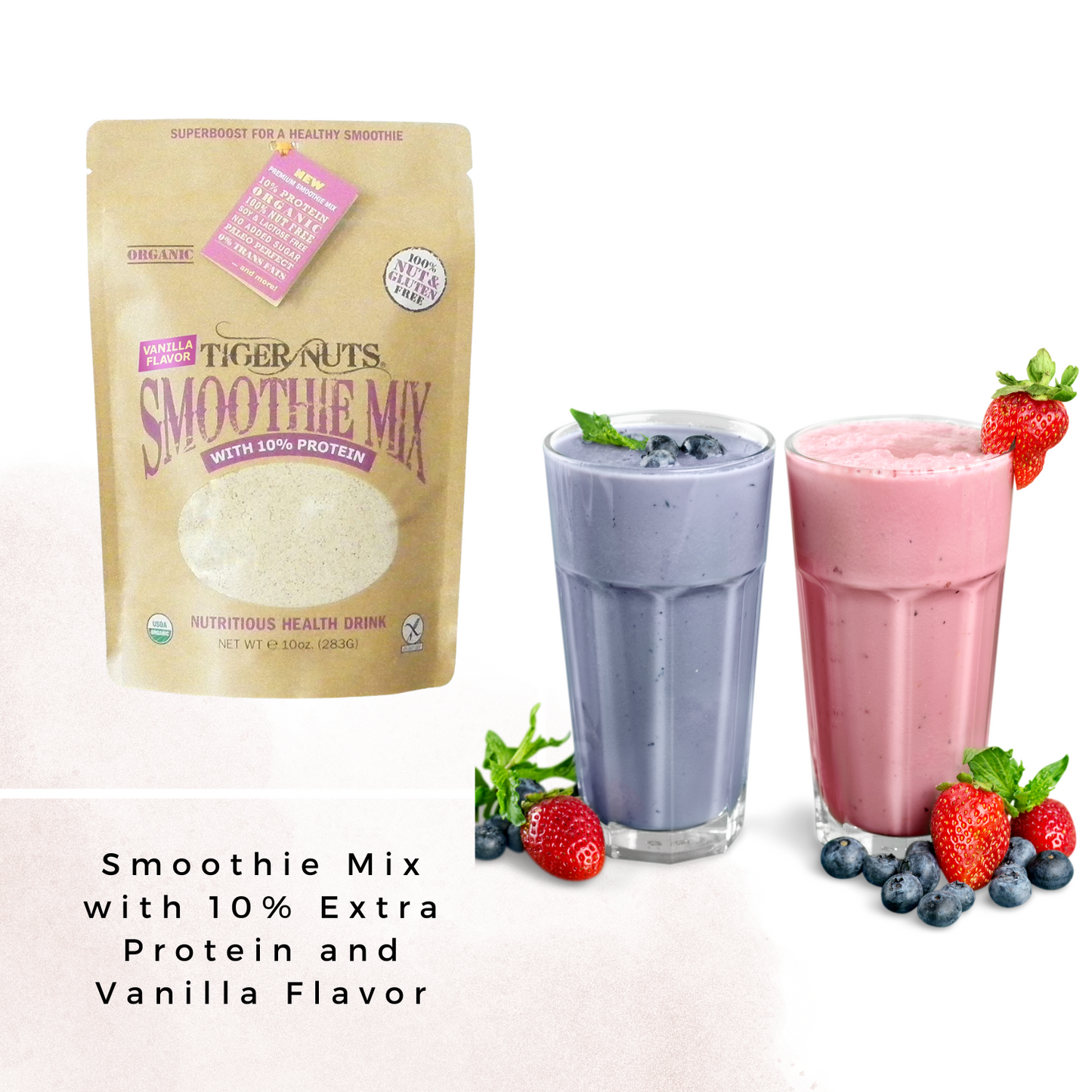 Tiger Nuts Smoothie Mix with 10% Extra Protein and Vanilla Flavor bag - 12 oz x 24 bags by Farm2Me