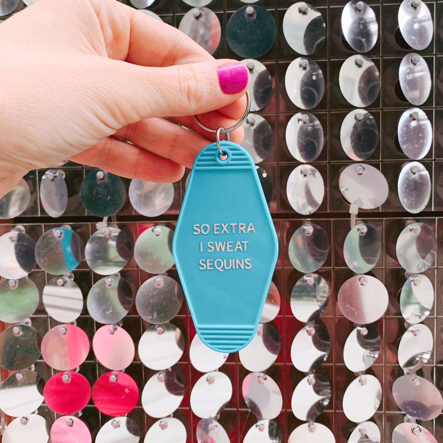 So Extra I Sweat Sequins Motel Style Keychain in Aqua by The Bullish Store