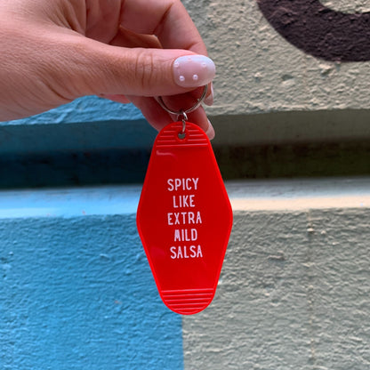 Spicy Like Extra Mild Salsa Motel Style Keychain in Red by The Bullish Store