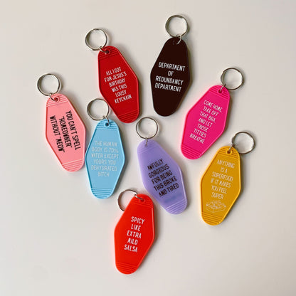 Spicy Like Extra Mild Salsa Motel Style Keychain in Red by The Bullish Store