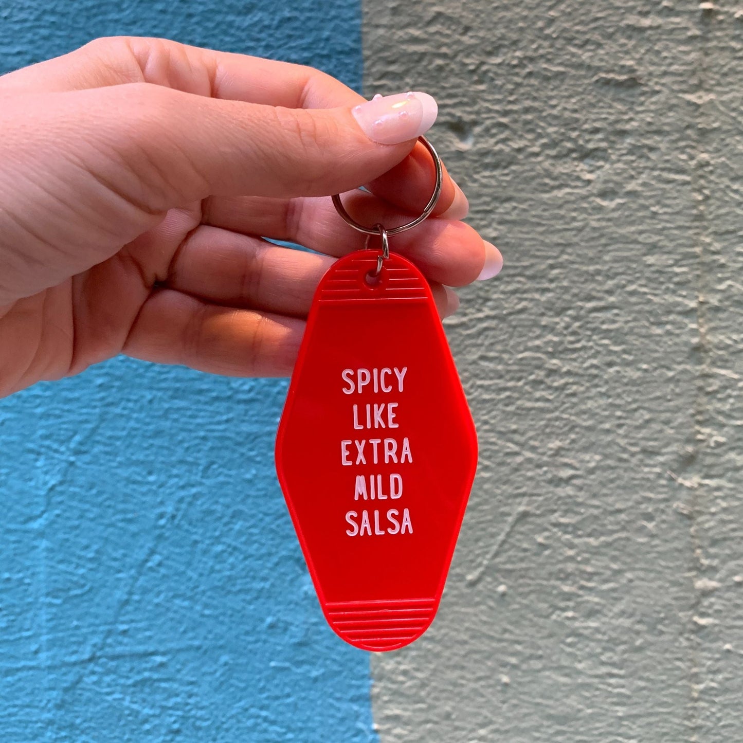 Spicy Like Extra Mild Salsa Motel Style Keychain in Red by The Bullish Store