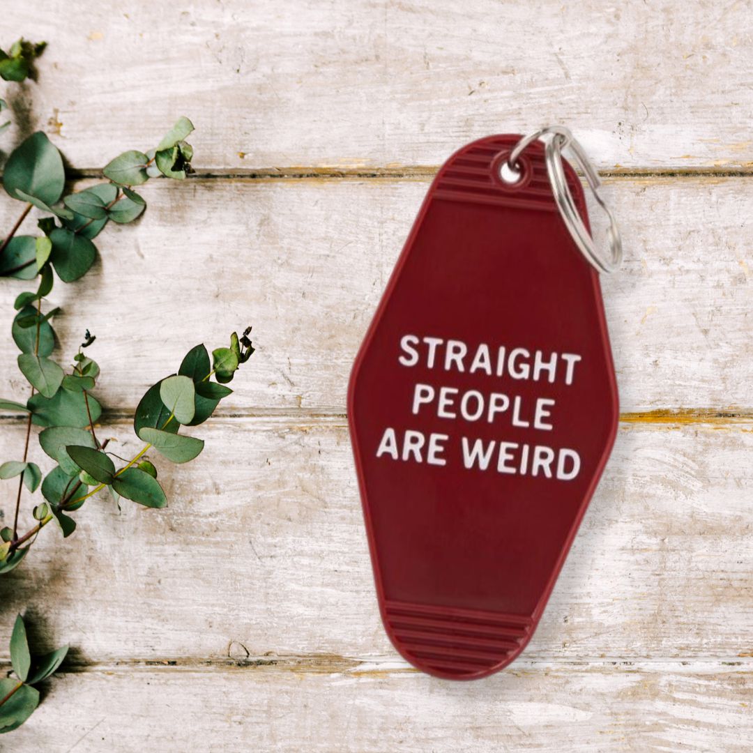 Straight People Are Weird Motel Style Keychain in Dark Red | LGBTQIA Pride Item by The Bullish Store