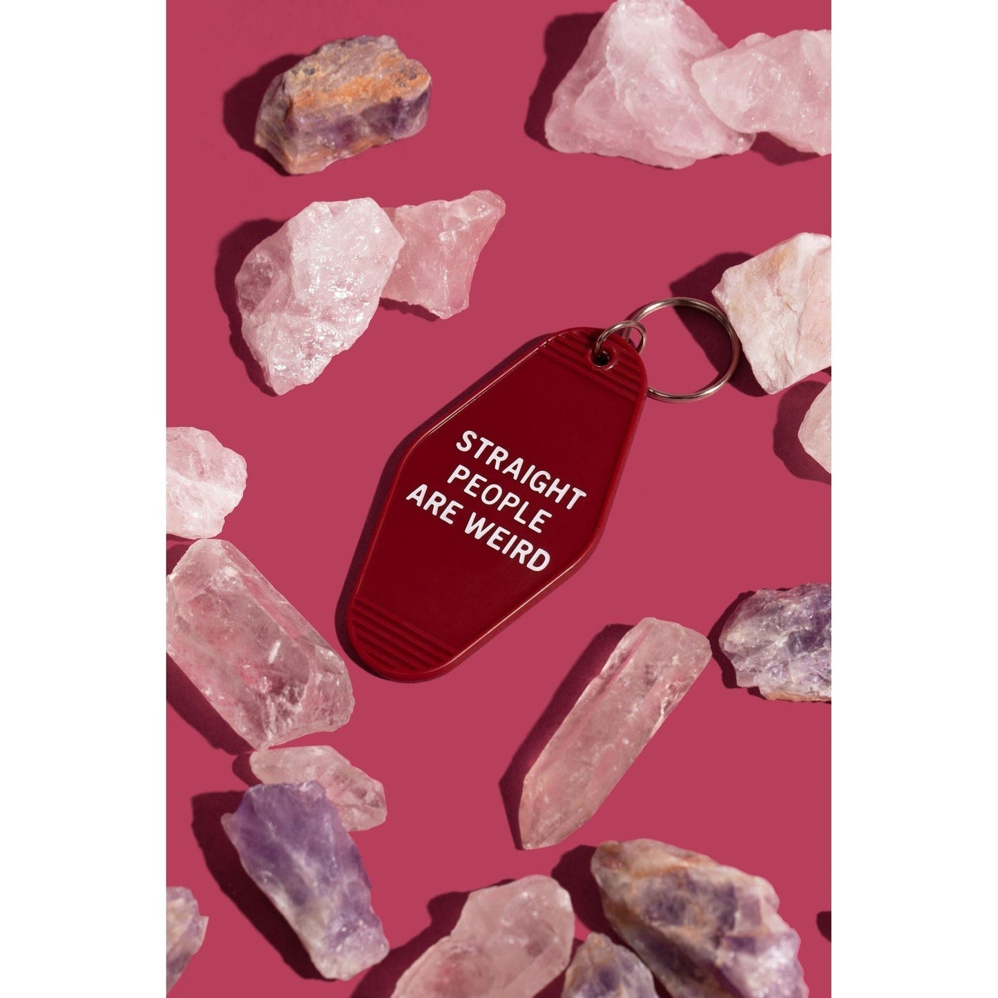 Straight People Are Weird Motel Style Keychain in Dark Red | LGBTQIA Pride Item by The Bullish Store