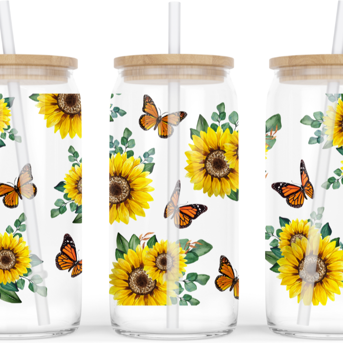 Sunflower Butterfly Beer Can Glasses by Crafty Casey's