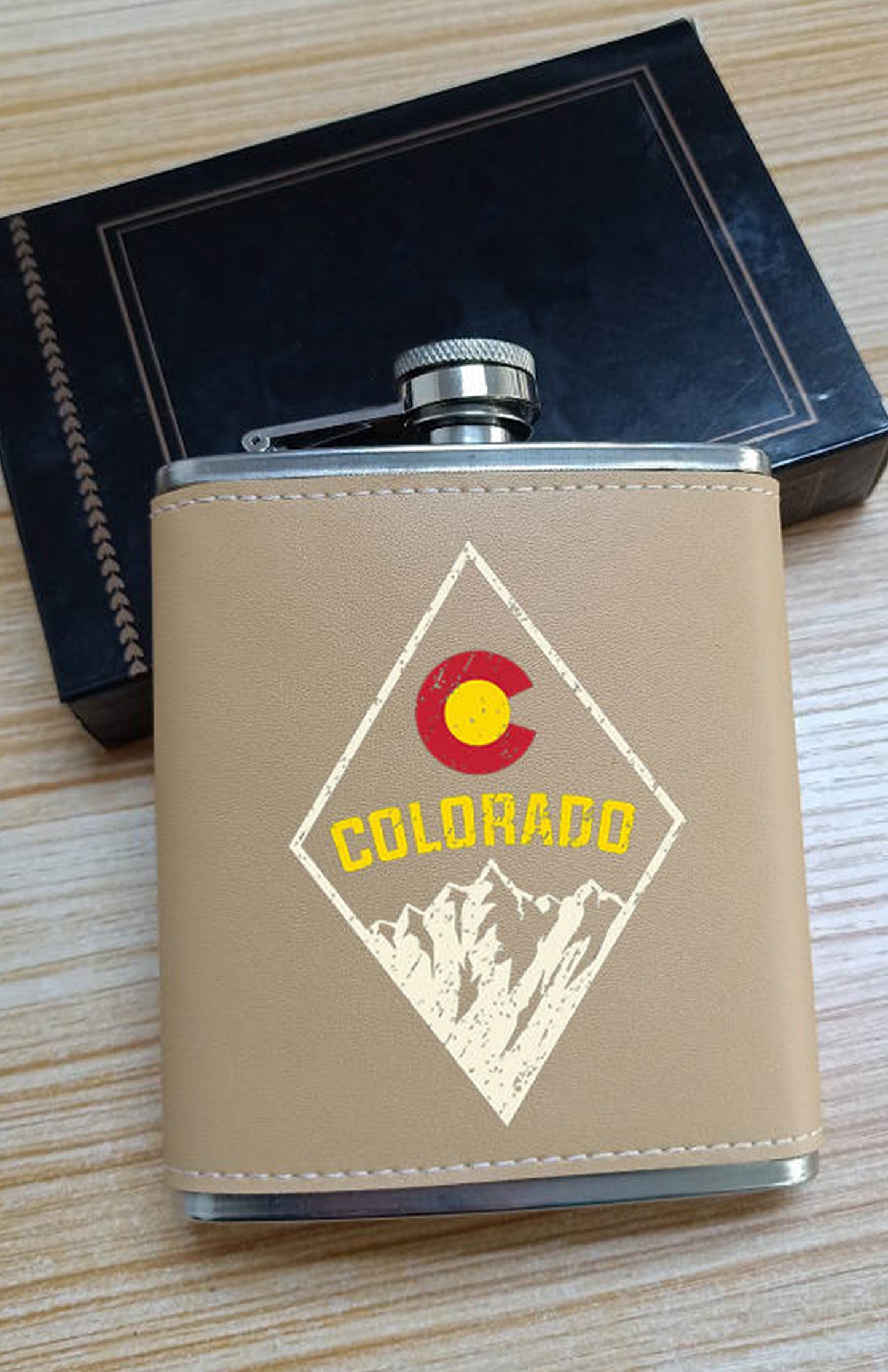 Colorado 7oz Leather Leak Proof Stainless Steel Hip Flask Desert by Colorado Threads Clothing