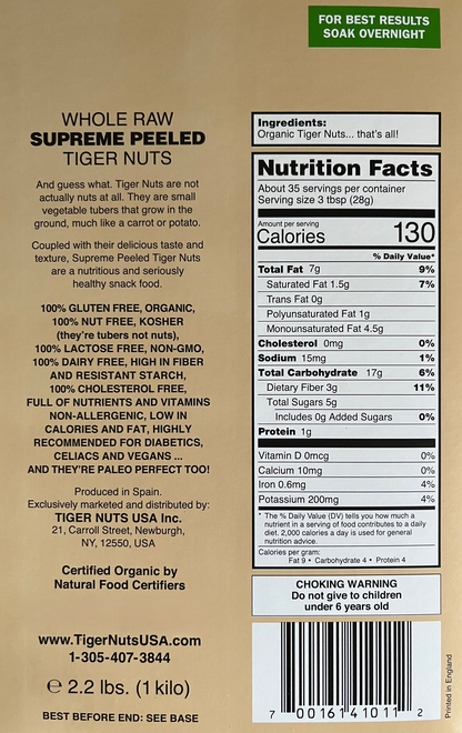 Tiger Nuts Supreme Peeled Tiger Nuts in 1 kilo box (2.2 lbs) - 10 boxes by Farm2Me