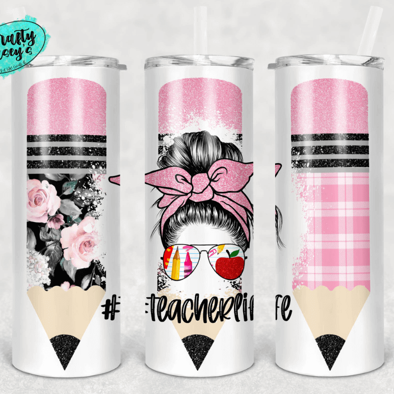 Teacher Life Pink Bow Messy Bun Pencil Tumbler by Crafty Casey's